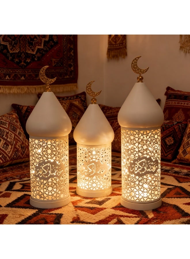 Ramadan Moroccan Lantern, 3PCS White Hollow Out Metal LED Light with Gold Moon Topper for Indoor Outdoor Home Decor, Table Centerpieces, Ramadan, Eid, Wedding Decorations, FD778-ZH1 - Image 1